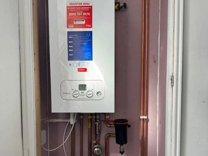 New boiler installed with a magnetic system filter and isolation valves
