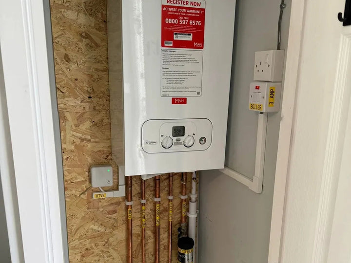 New combi boiler installed in a cupboard with new copper tails